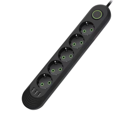 МЕРЕЖЕВИЙ ФІЛЬТР F05U, 5РОЗЕТОК EU+3USB, 1,5М, Чорний